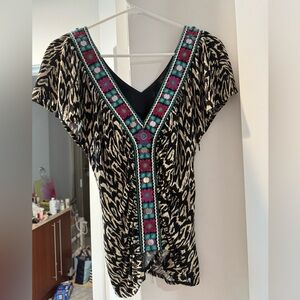 Nanette Lepore black white purple turquoise short sleeve top blouse size S